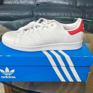 Brand new Mens Adidas Stan Smith shoes . White with red trim .